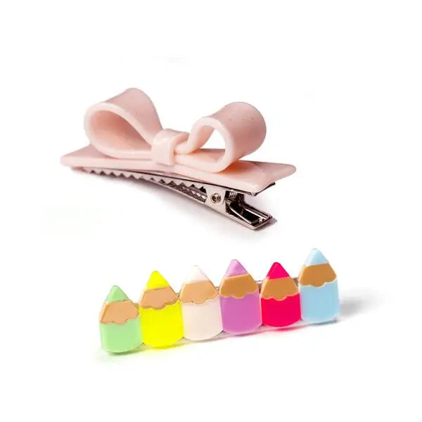 Neon Pencils & Pink Bow Alligator Clips (2)