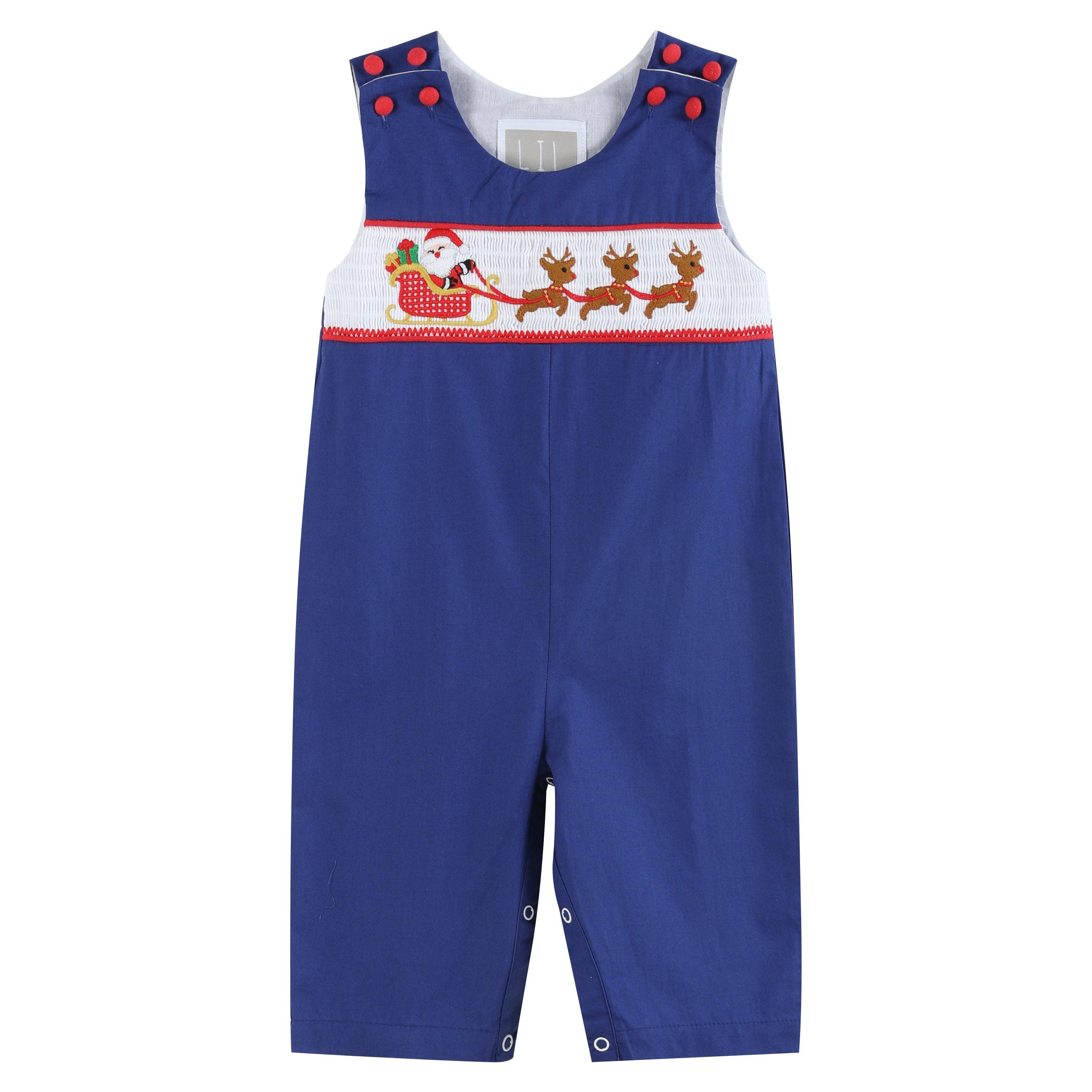 Royal Blue Santa & Sleigh Smocked Overalls