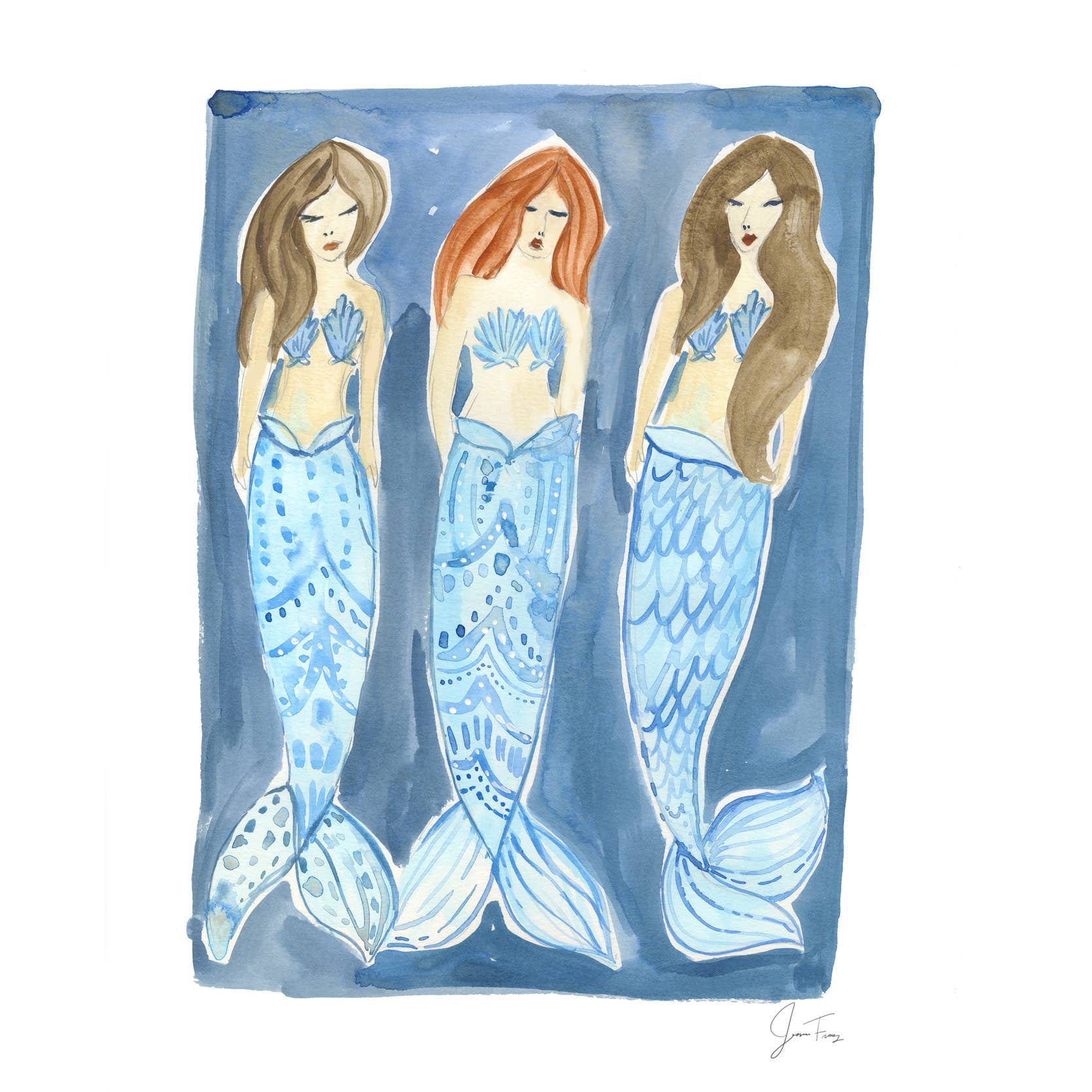 Three Mermaids Watercolor Print