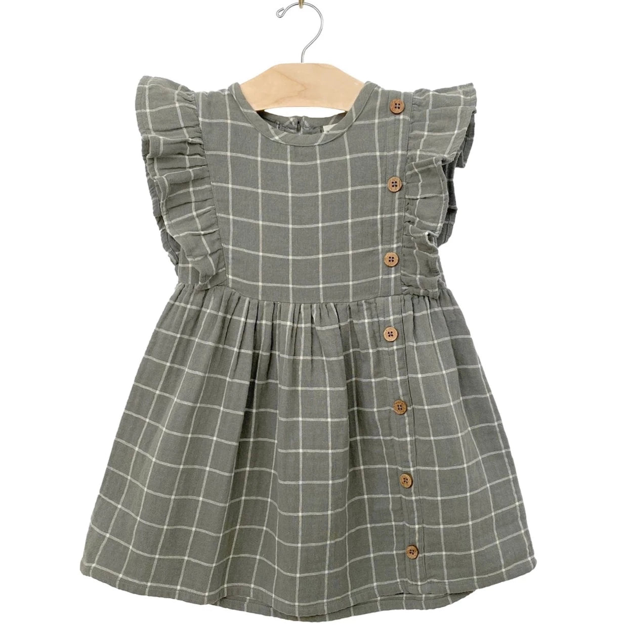 Olive Check Side Button  Dress