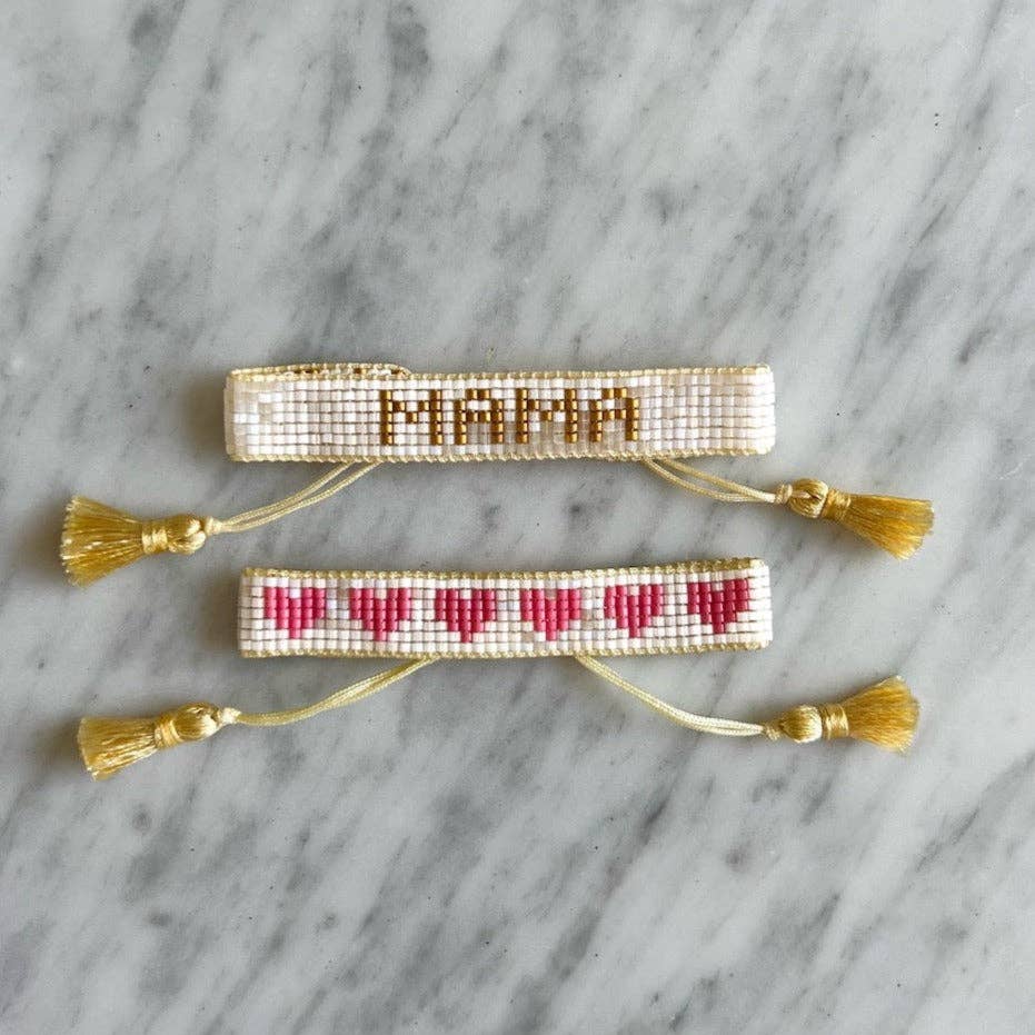 Mini & Me: Small White & Gold MAMA + Kids' Pink Hearts Bracelet Set
