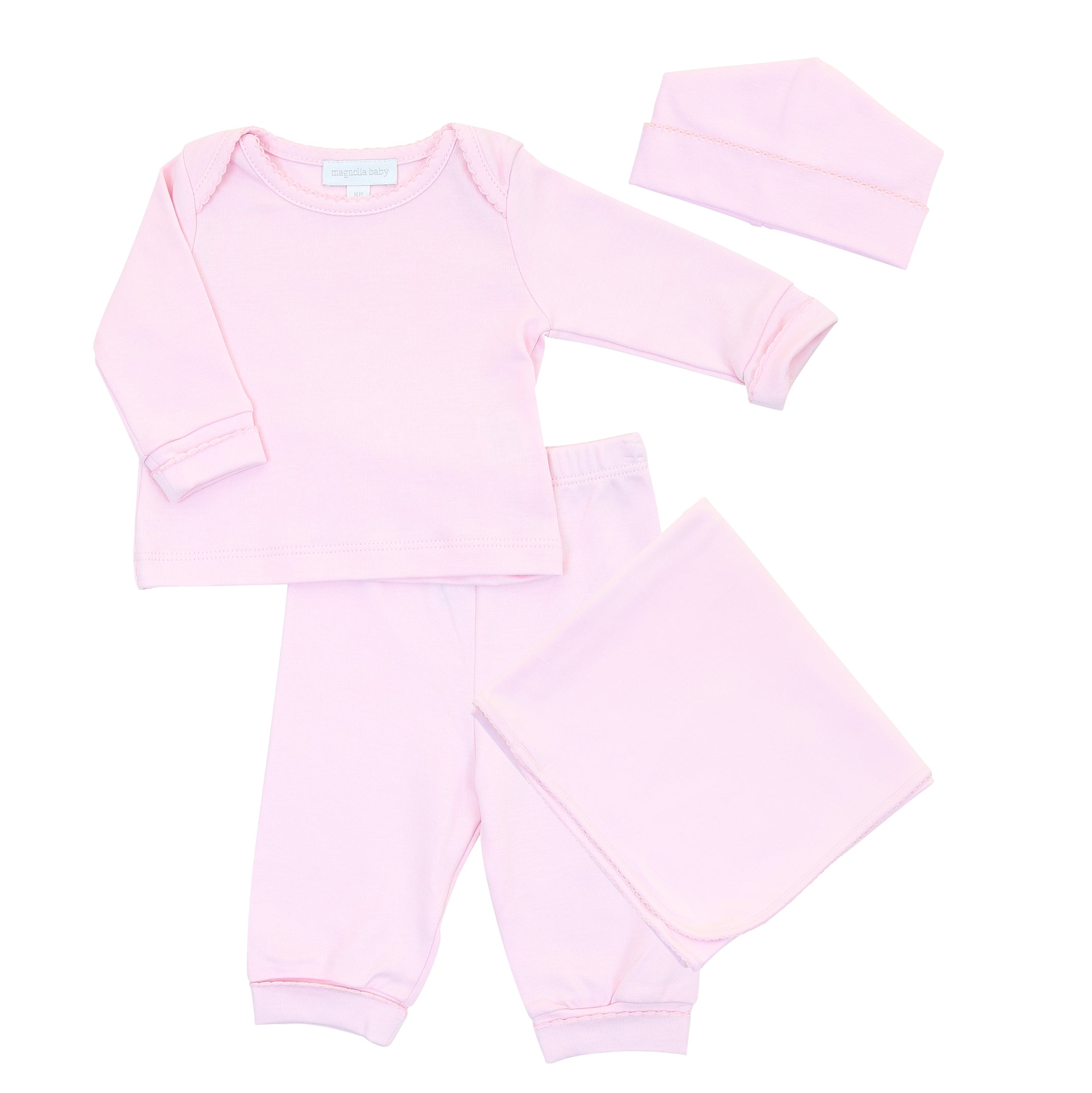 Solid Pink Lounge Set + Hat + Receiving Blanket Set