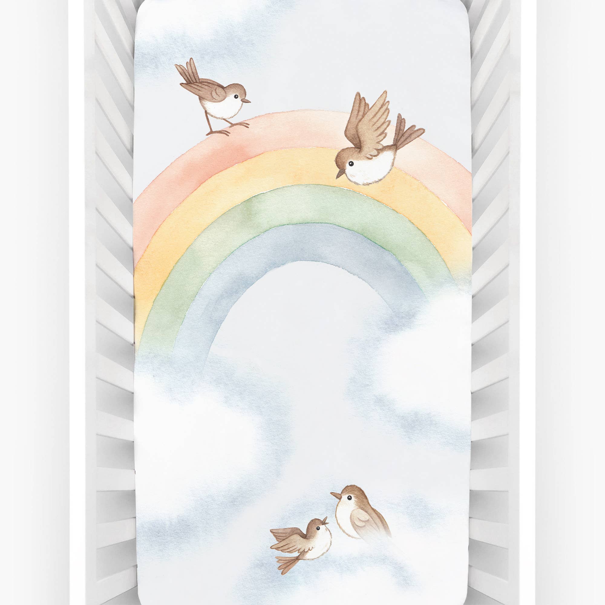 Cotton Sateen Crib Sheet - Rainbow & Birds