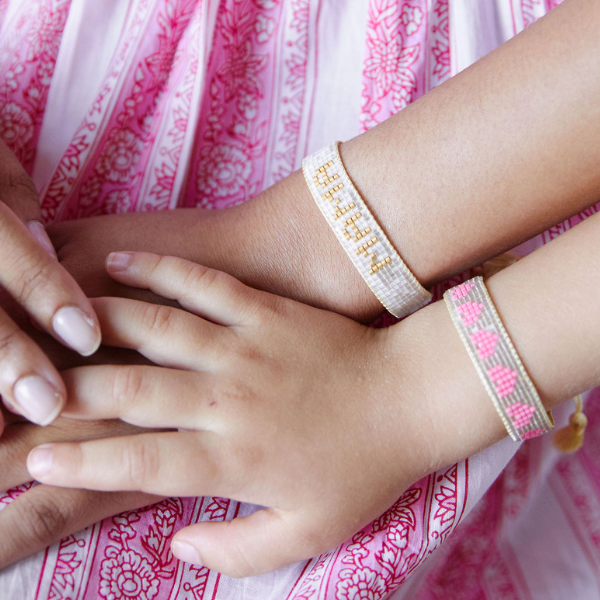 Mini & Me: Small White & Gold MAMA + Kids' Pink Hearts Bracelet Set