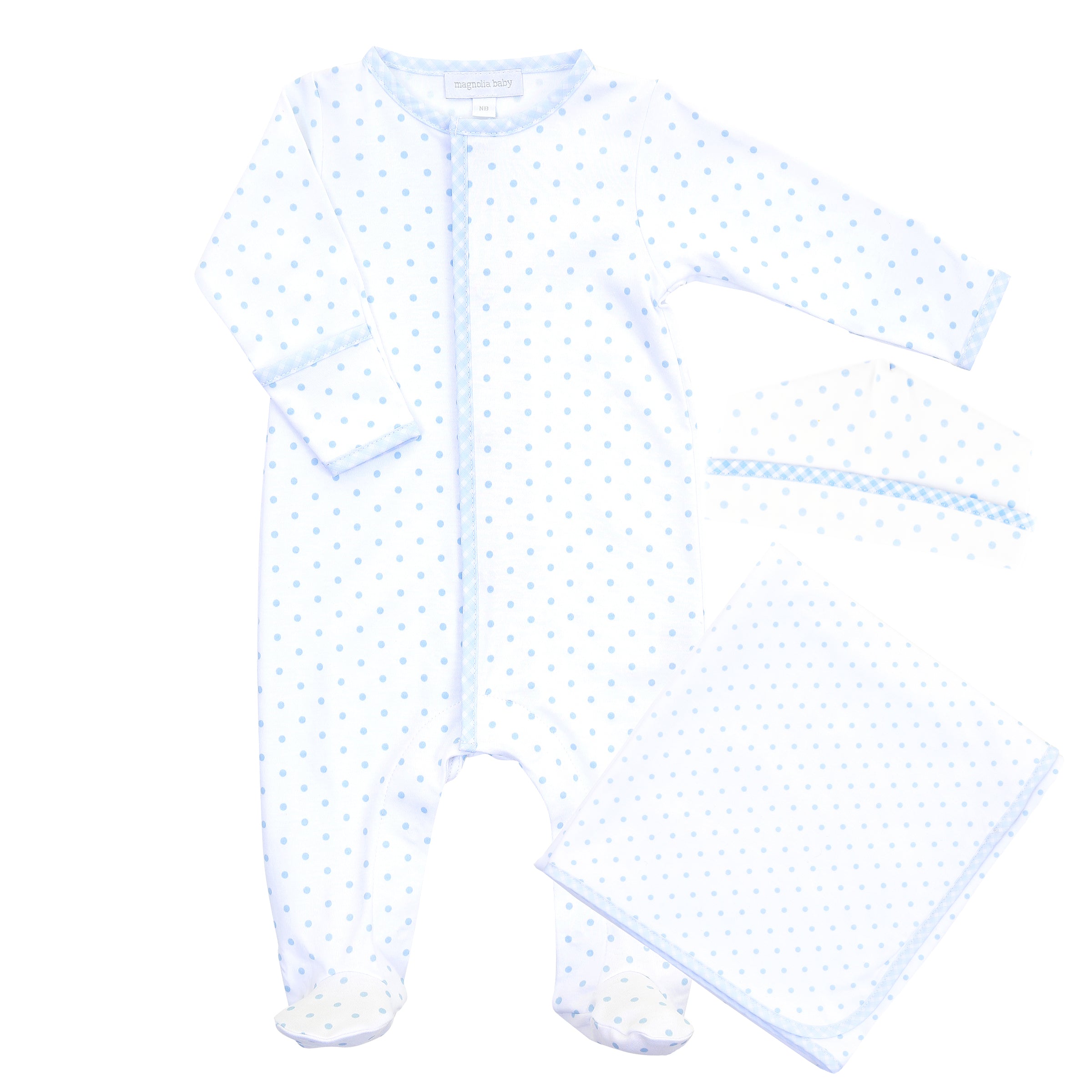 Footie + Hat + Receiving Blanket Set - Blue Gingham Dots