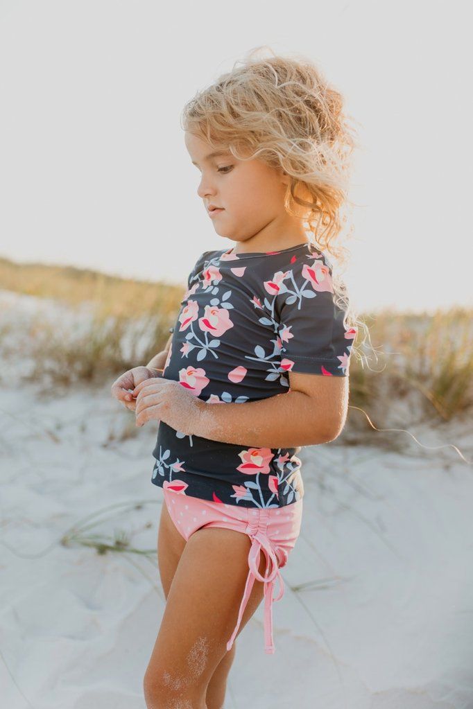 Gray & Coral Floral Pin Dot Rash Guard Set