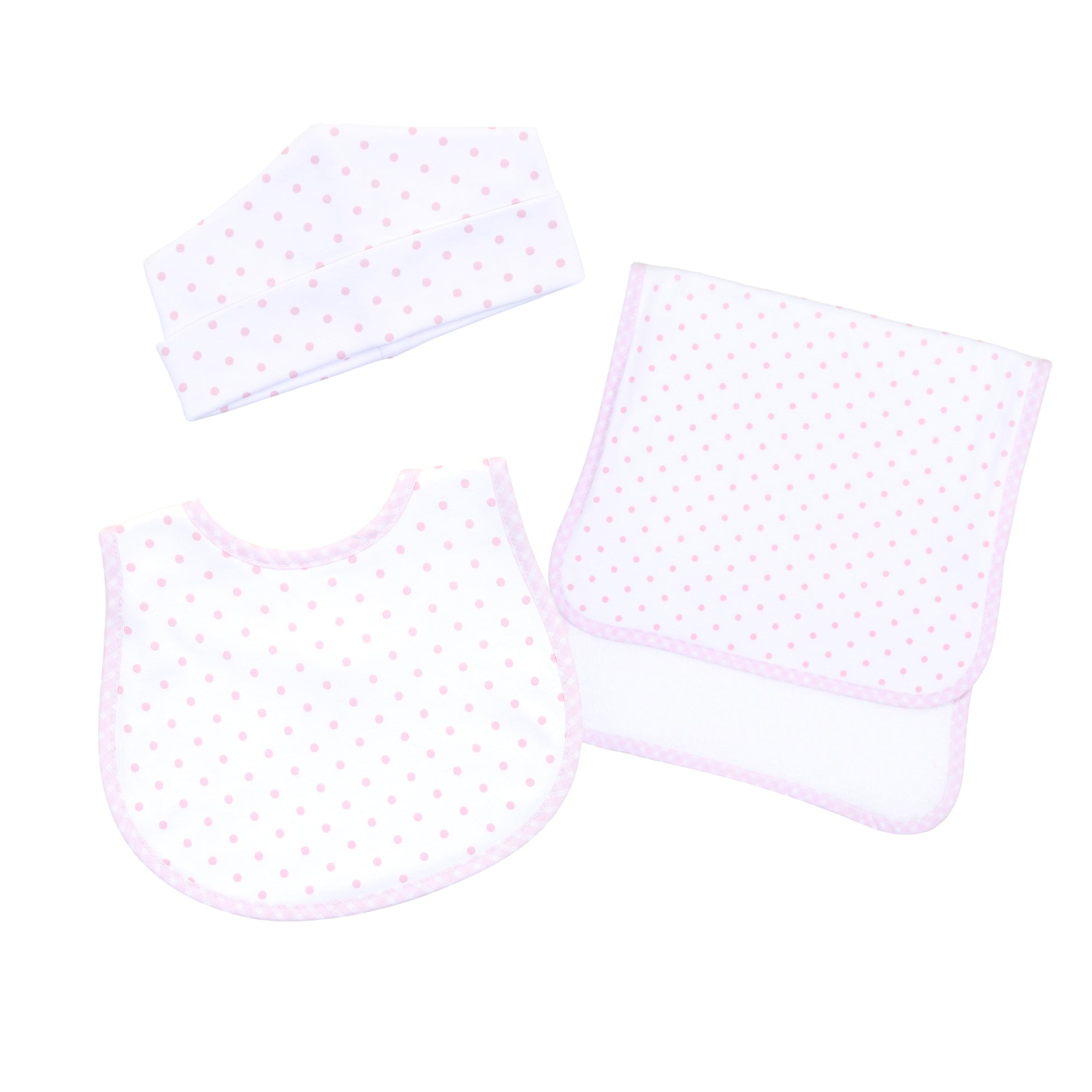 Gingham Dots Bib + Hat + Burp Cloth Set - Pink