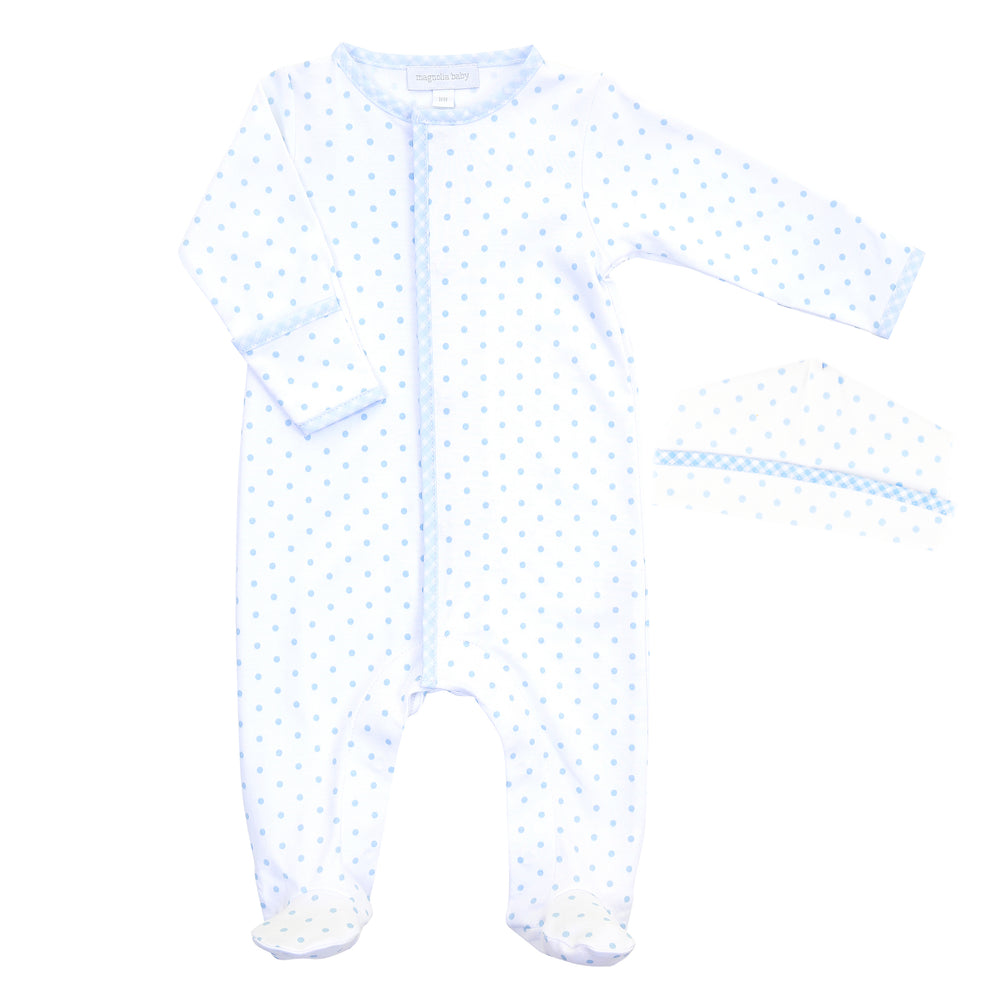 Blue Gingham Dots Footie + Hat Set