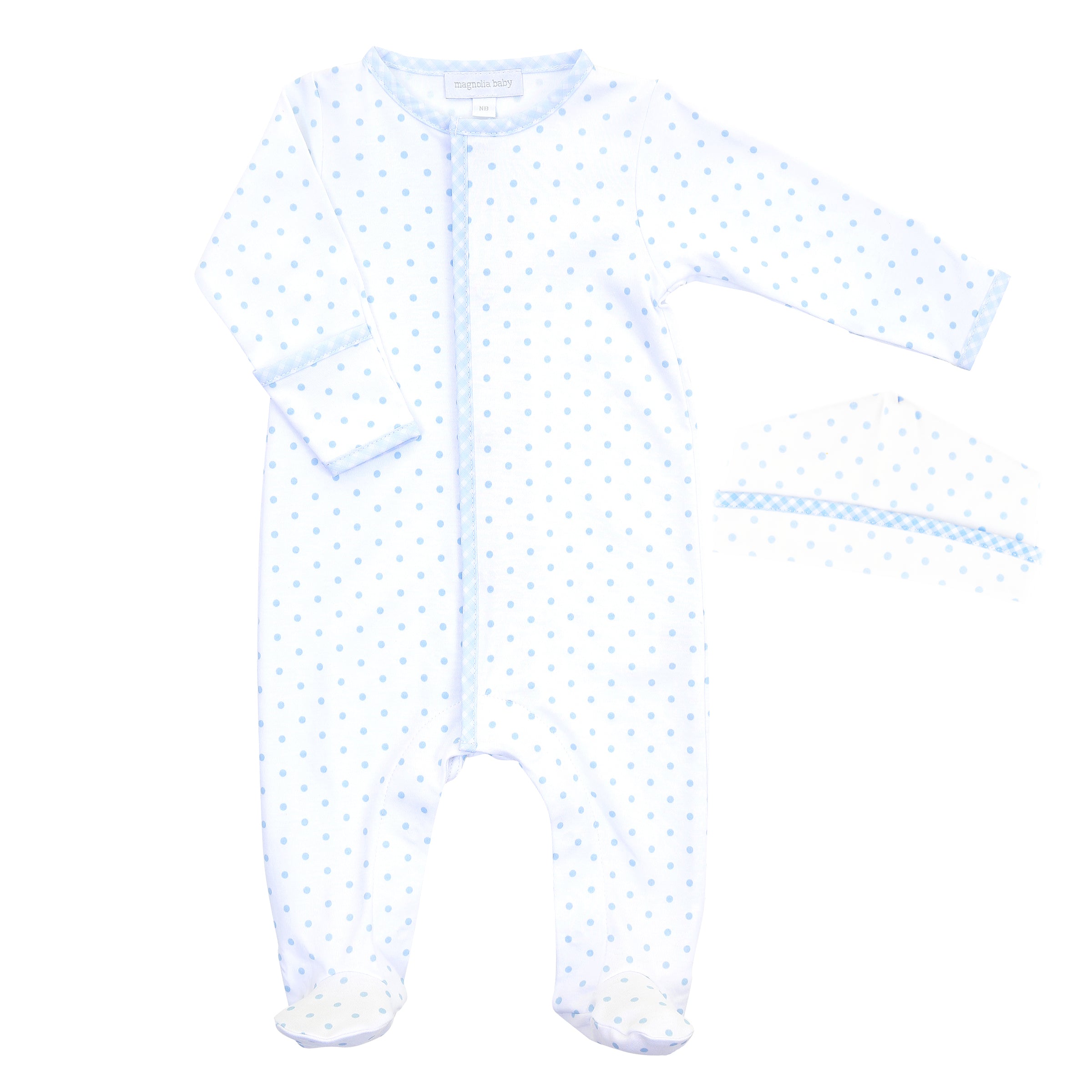 Blue Gingham Dots Footie + Hat Set