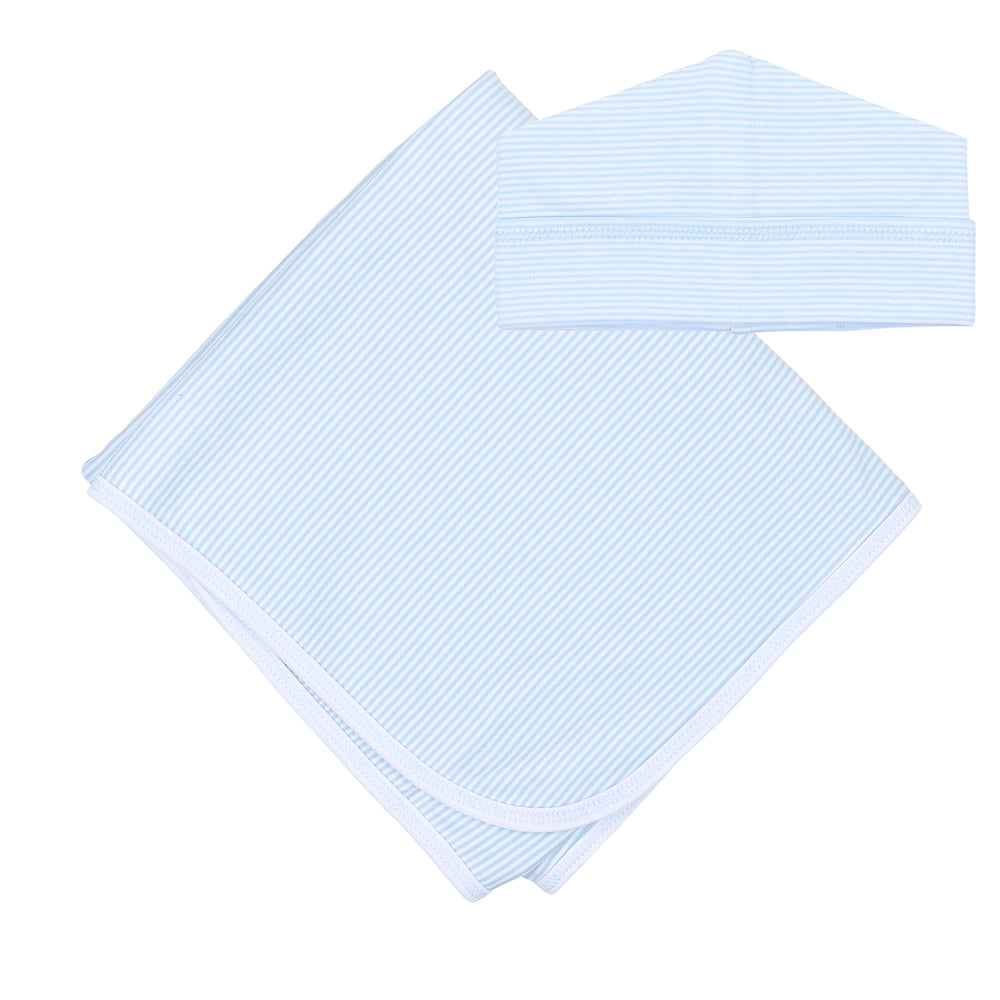 Mini Stripe Receiving Blanket + Hat - Blue
