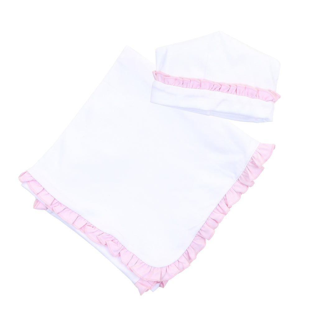 White with Pink Ruffle - Receiving Blanket + Hat