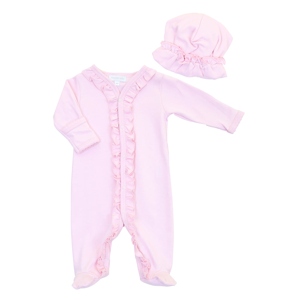 Pink Ruffle Footie + Hat Set