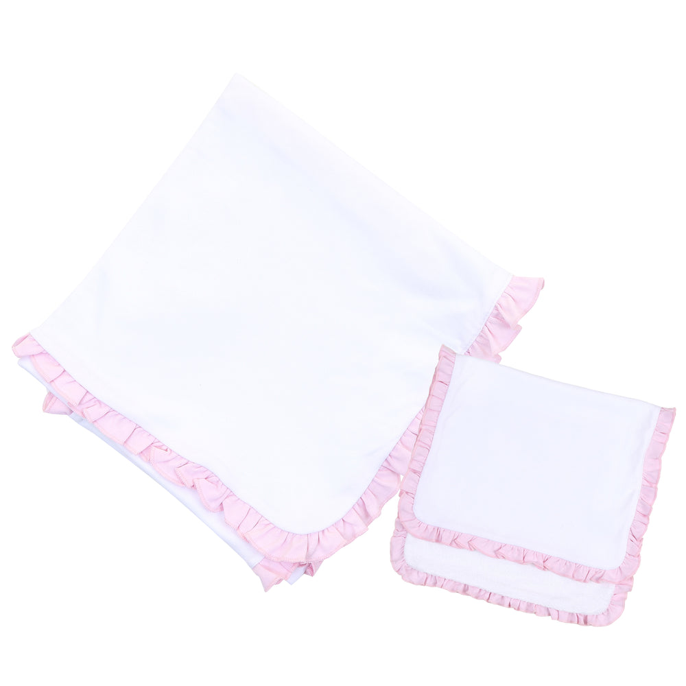 Essentials White with Pink Ruffle Receiving Blanket + Burp Cloth