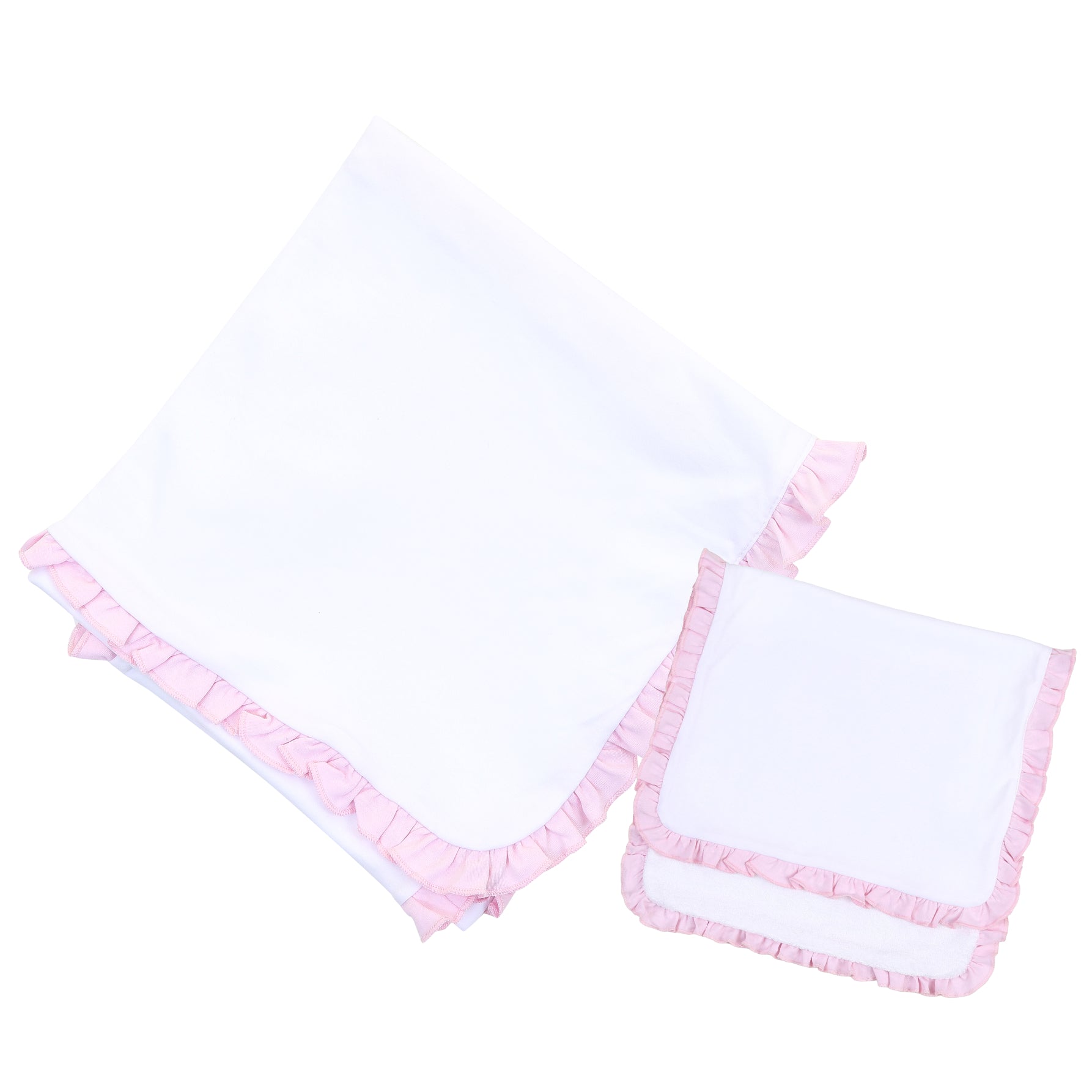 Essentials White with Pink Ruffle Receiving Blanket + Burp Cloth