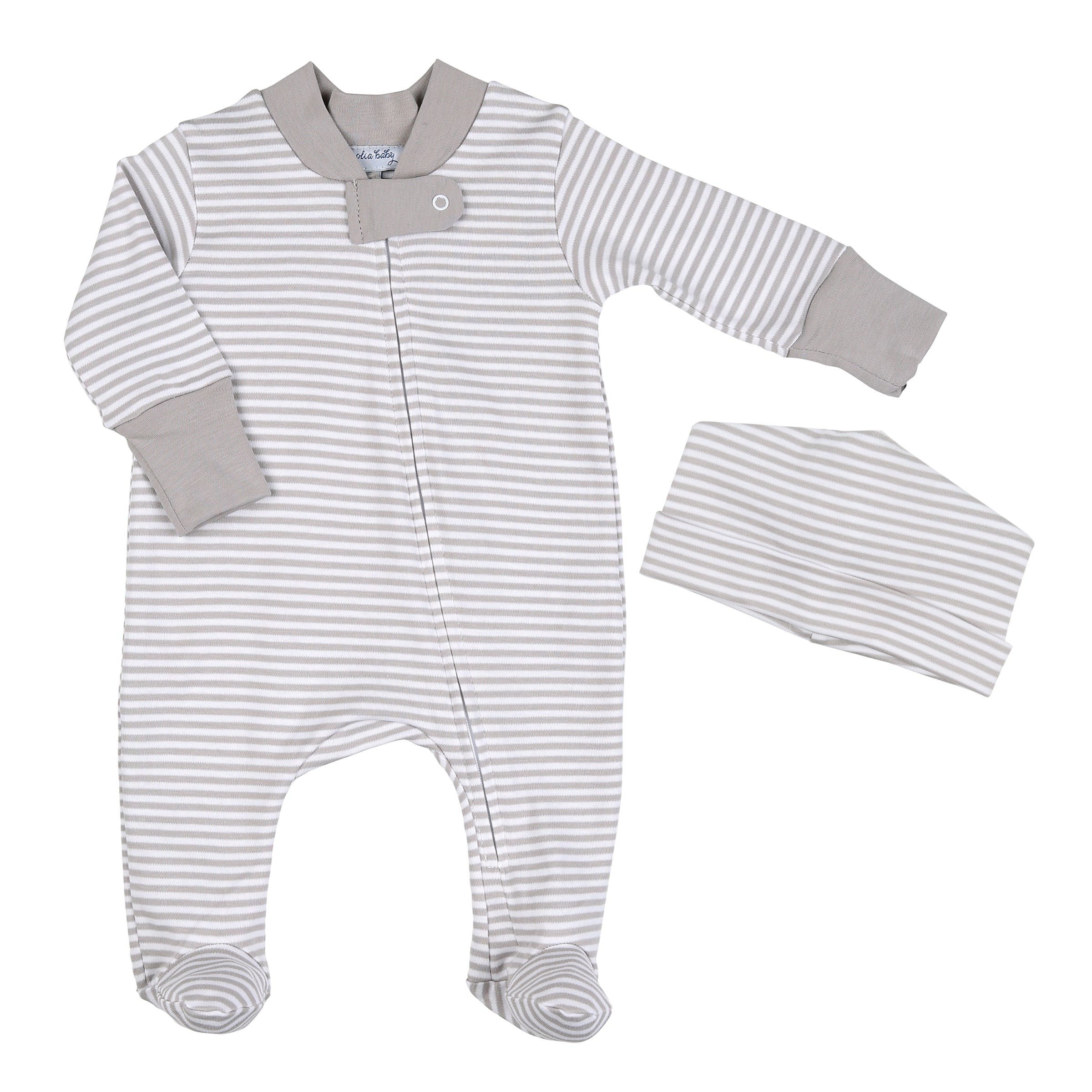 Grey Stripes Zip Footie + Hat Set