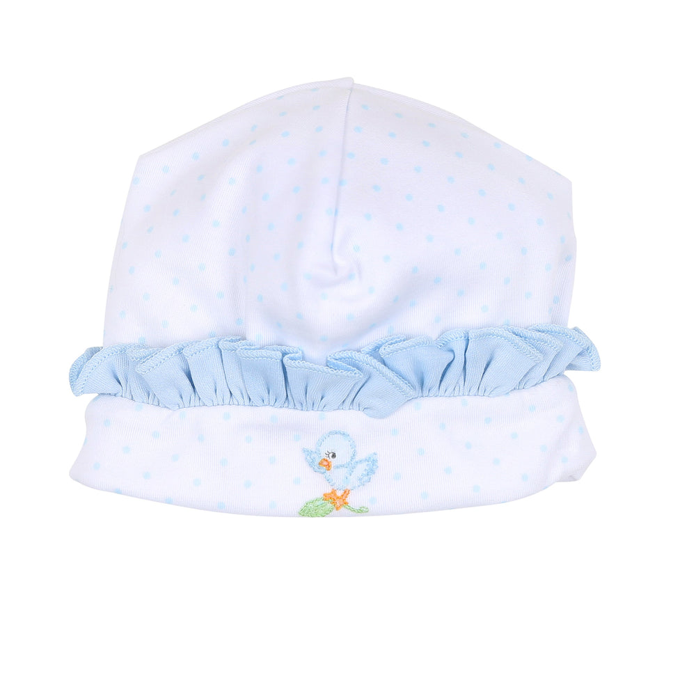 Magnolia Baby Sky Blue Bluebirds and Cherries Embroidered Ruffle Hat
