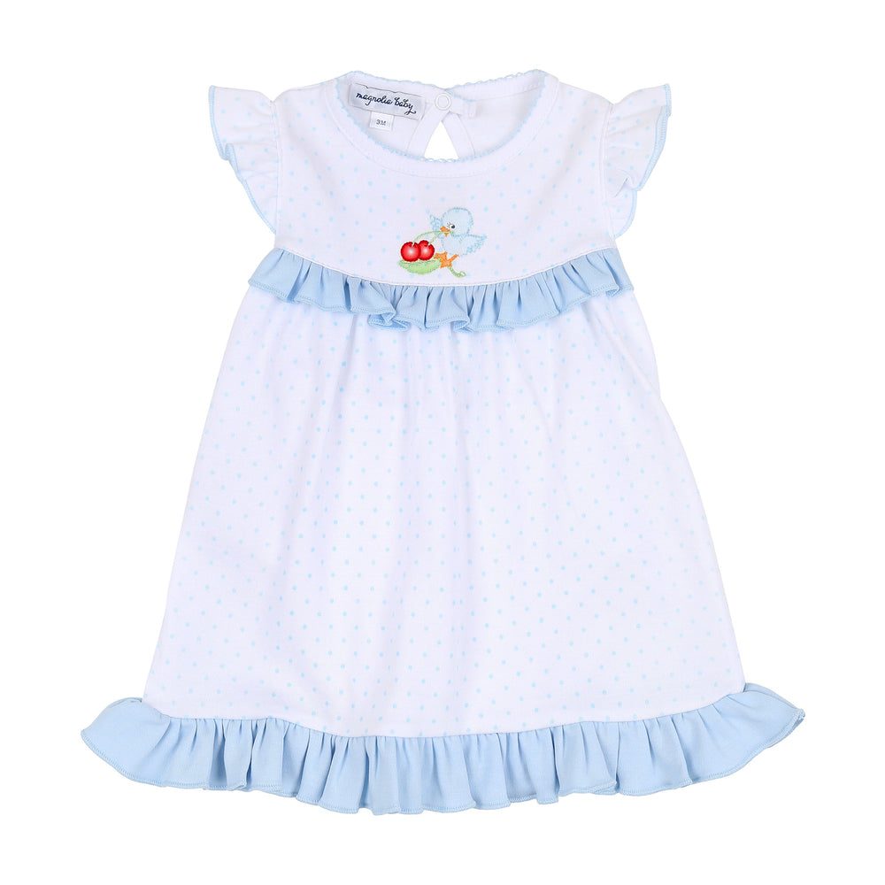 Magnolia Baby Sky Blue Bluebirds and Cherries Embroidered Ruffle Flutters Dress Set