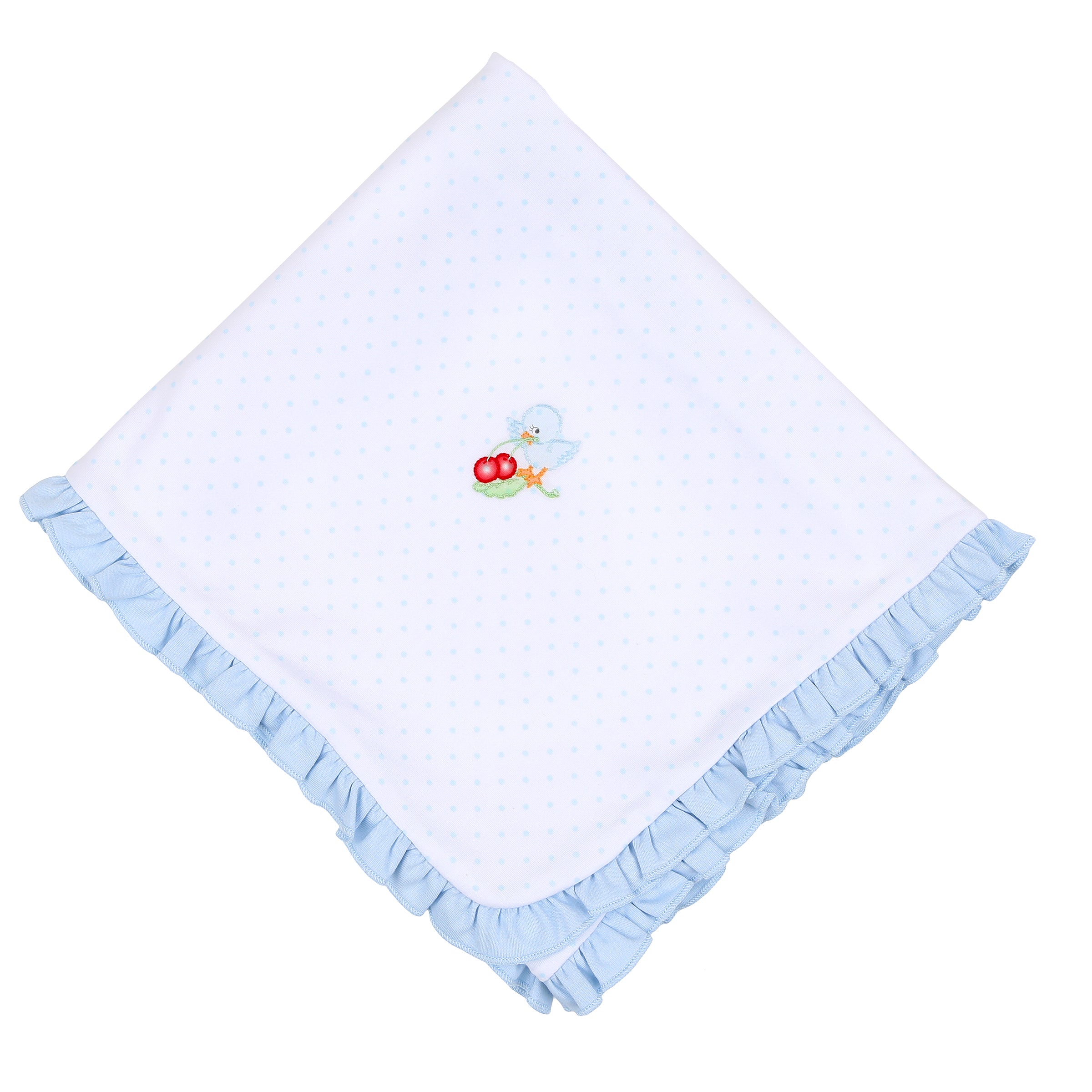 Magnolia Baby Sky Blue Bluebirds and Cherries Embroidered Ruffle Receiving Blanket