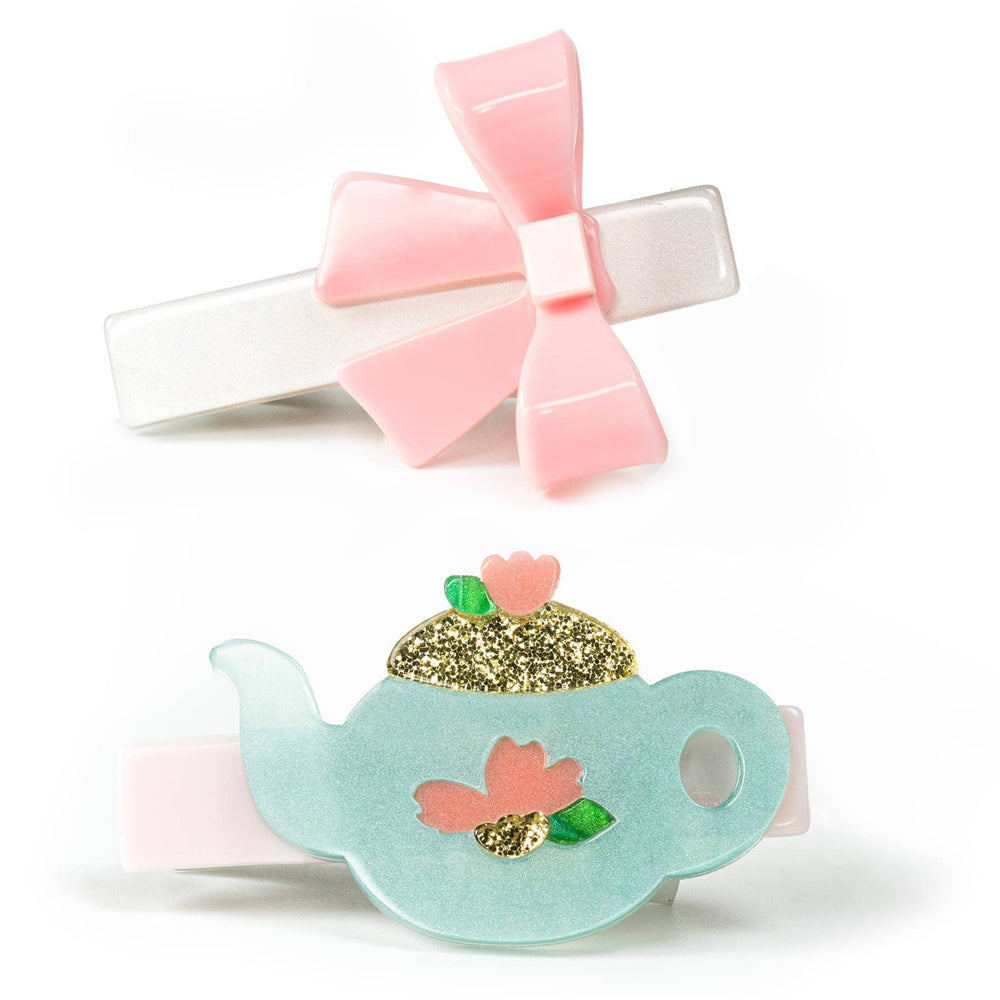 Tea Pot & Pink Bow Hair Clips