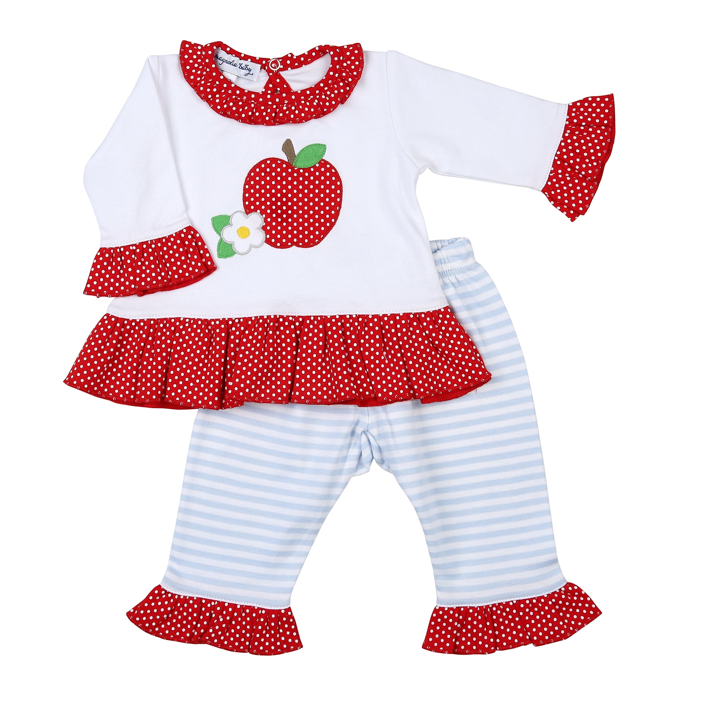 Magnolia Baby Red Apple Applique Ruffle Toddler 2pc Pant Set