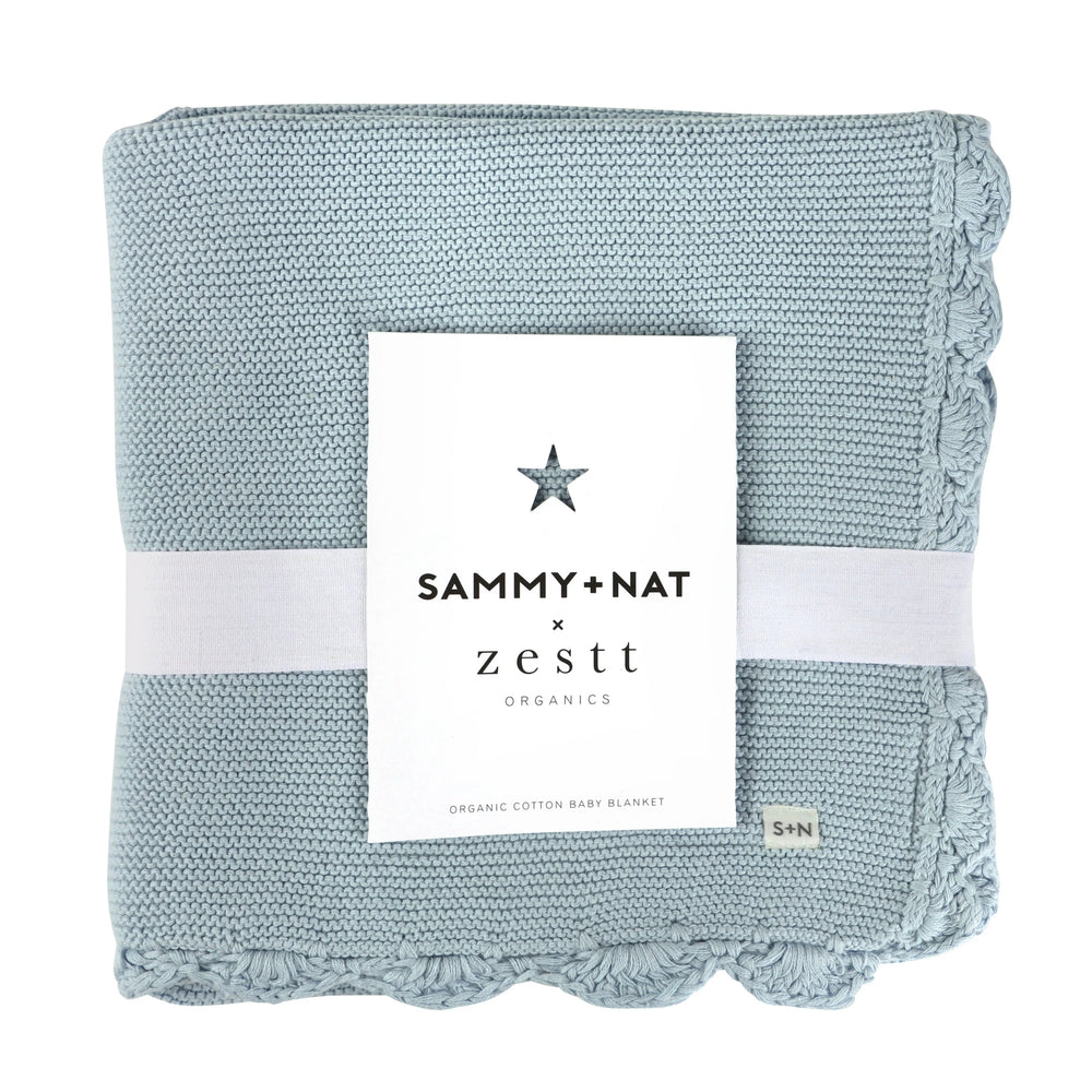 Organic Cotton Scallop Edge Knit Blanket - Blue