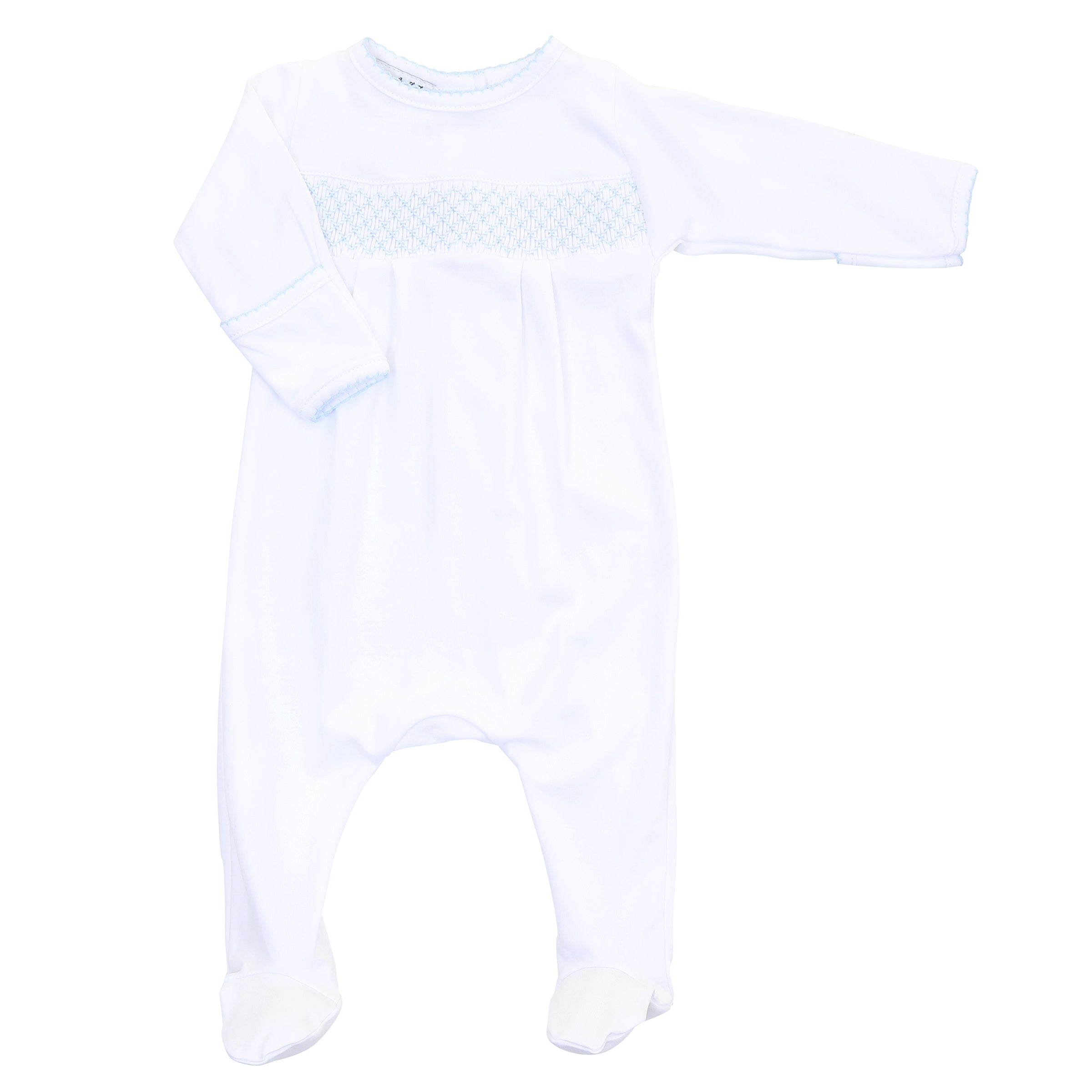 Smocked Footie - White with Blue