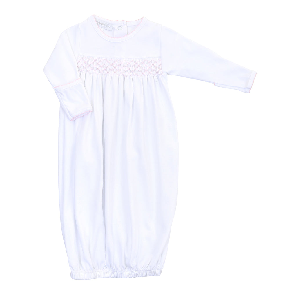 Smocked Gown - White with Pink Trim