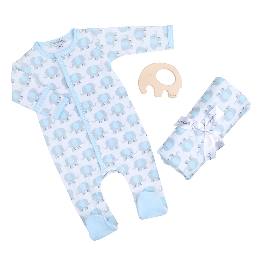 Blue Elephant Gift Set - Footie + Blanket + Teether