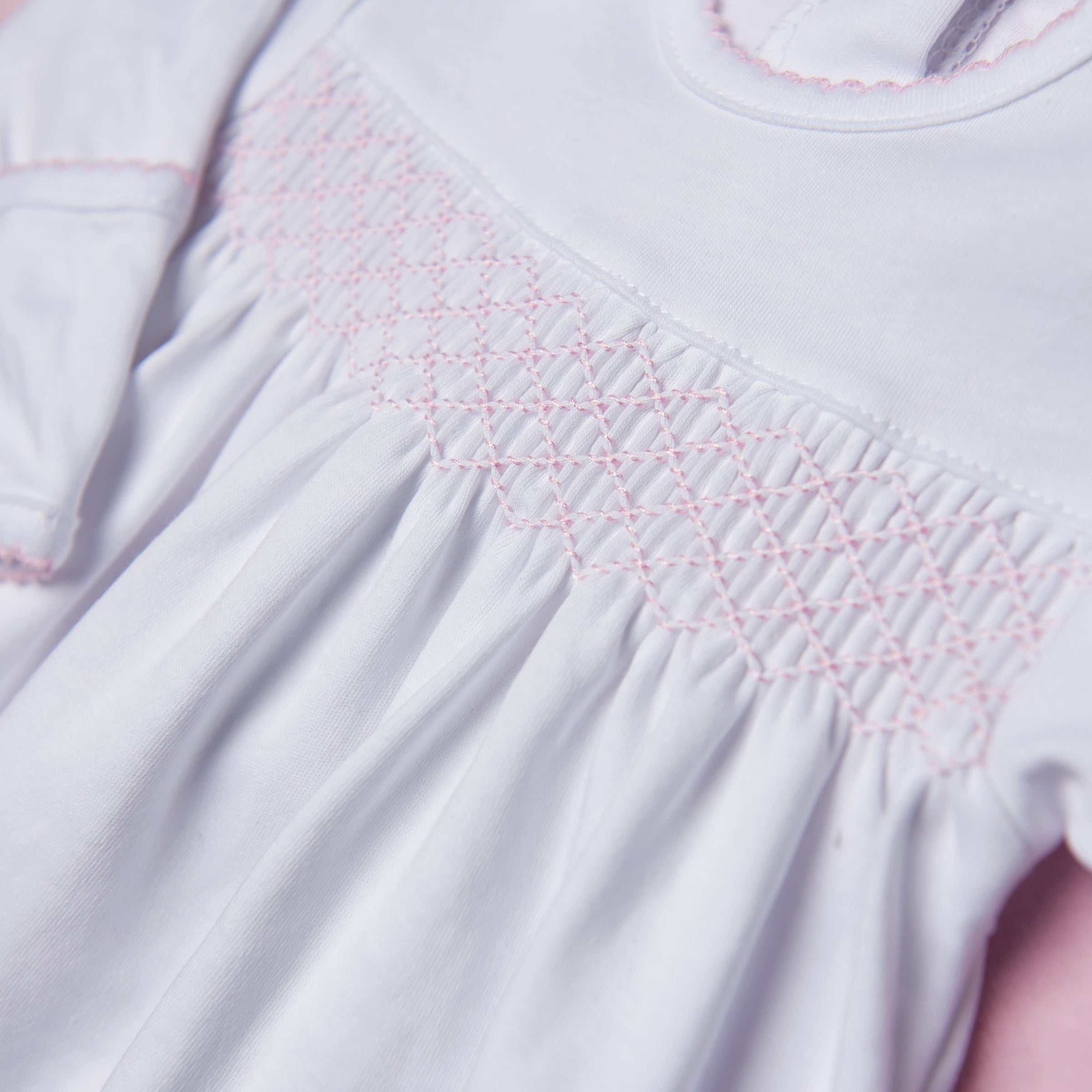 Smocked Gown - White with Pink Trim