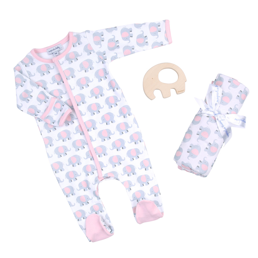 Pink Elephant Gift Set - Footie + Blanket + Teether