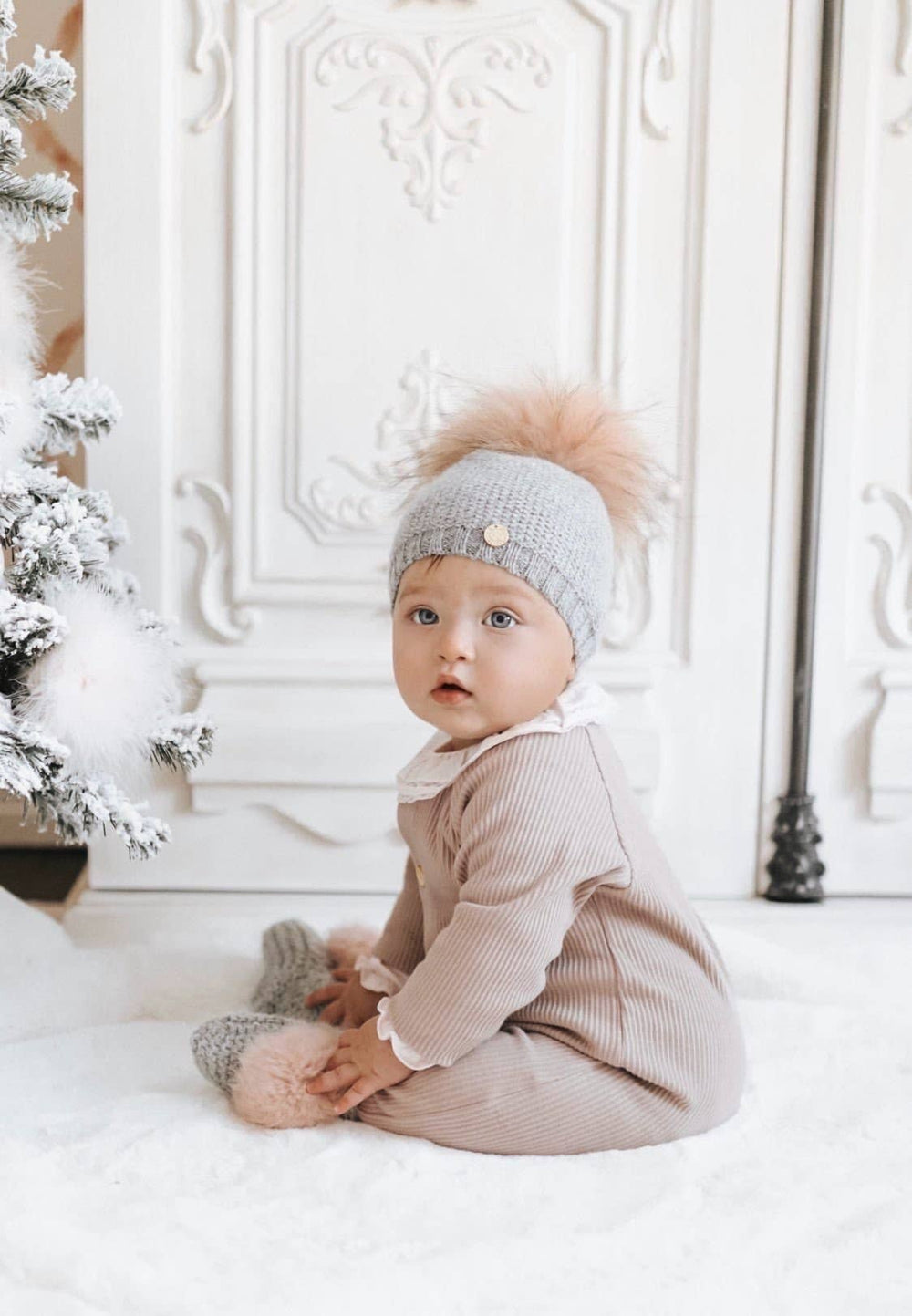 Grey Cashmere Pink Pom Pom Hat